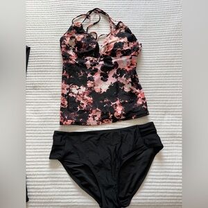 Floral Black & Pink Tankini Top with Black Bikini Bottoms